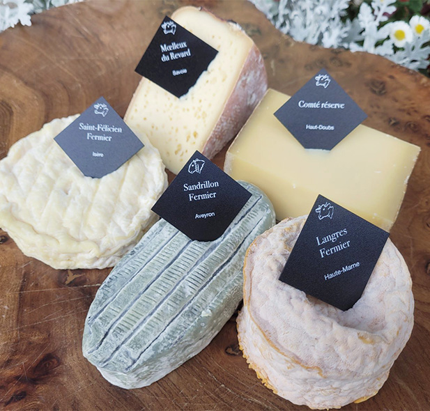 Cheeseboard made up of a Moelleux du Revard, a farmhouse Saint-Félicien, a farmhouse Sandrillon, a farmhouse Langres and a Comté Réserve.