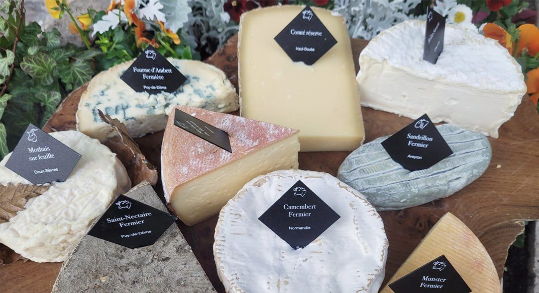 Cheeseboard made up of a Comté Réserve, a farmhouse Fourme d'Ambert, a farmhouse Saint-Nectaire, a farmhouse Camembert, a Moelleux du Revard and a farmhouse Sandrillon.